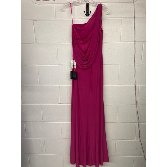 NWT Mac Duggal Sz 8 Candy Pink Jersey One Shoulder Draped Back Gown full length - Picture 6 of 8